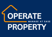 OperateProperty logo with a dark blue background, featuring an orange house outline and white text stating 'Operate Property - Manage at Ease.'